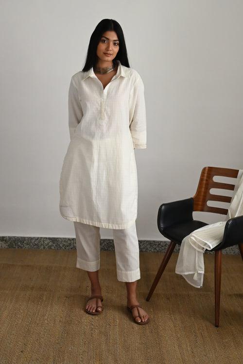 Shirt Kurta Co-ord Set in White Checks