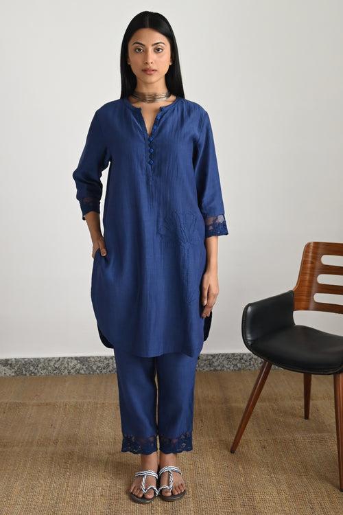 Manju Co-ord Set in Indigo Chanderi