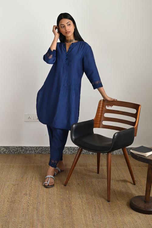 Manju Co-ord Set in Indigo Chanderi