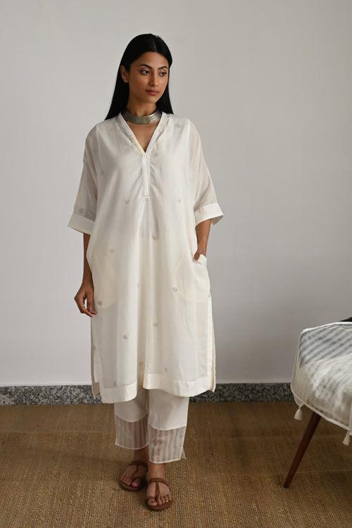 Shahi Kaftan in White Silver Jamdani with White Pant