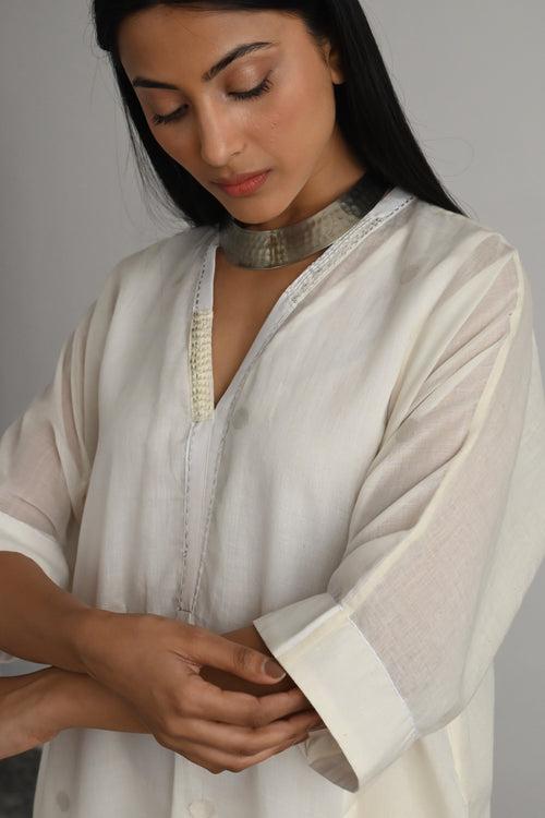 Shahi Kaftan in White Silver Jamdani with White Pant