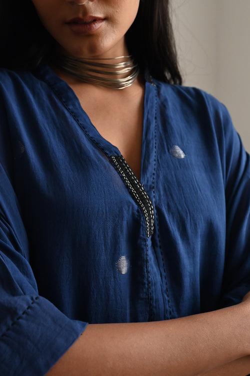 Shahi Kaftan in Indigo Silver Jamdani with Black Pant