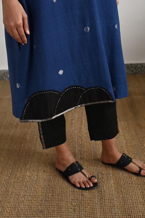 Shahi Kaftan in Indigo Silver Jamdani with Black Pant