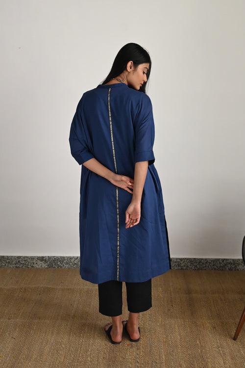 Shahi Kaftan in Indigo Silver Jamdani with Black Pant