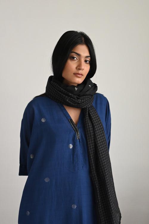 Shahi Kaftan in Indigo Silver Jamdani with Black Pant