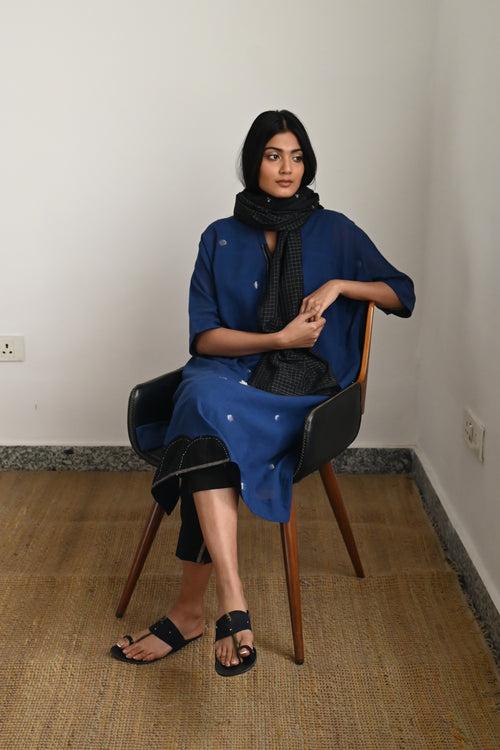 Shahi Kaftan in Indigo Silver Jamdani with Black Pant