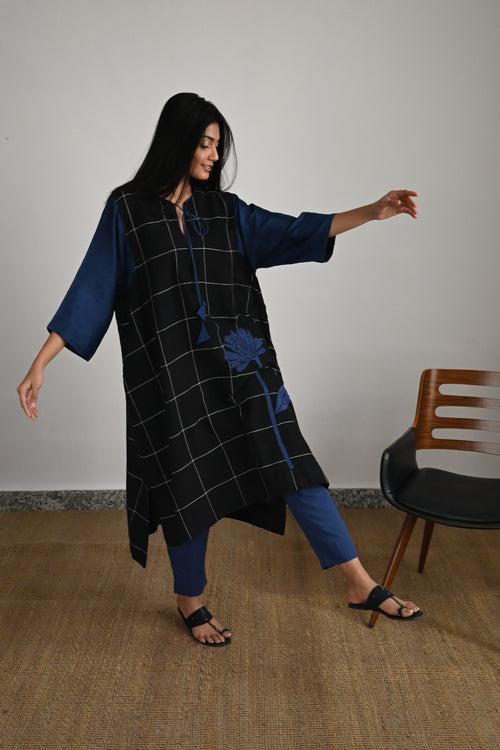 Jhabla Kurta in Black Table Checks with Indigo Pant