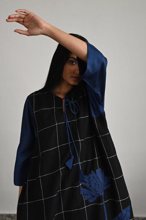 Jhabla Kurta in Black Table Checks with Indigo Pant