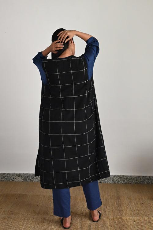 Jhabla Kurta in Black Table Checks with Indigo Pant