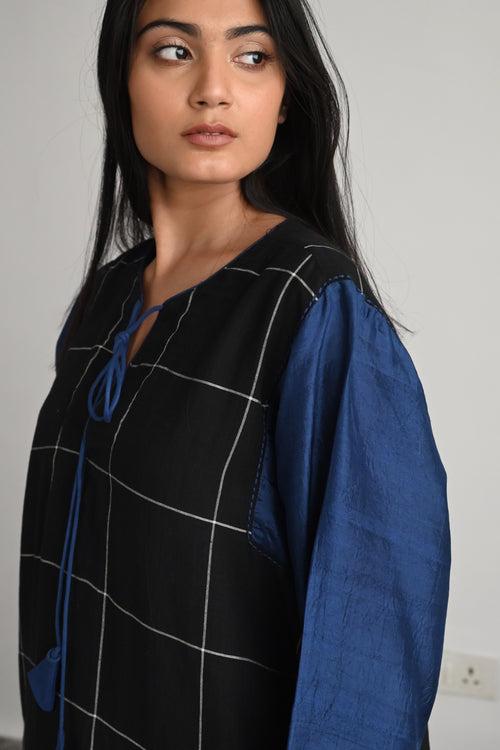 Jhabla Kurta in Black Table Checks with Indigo Pant