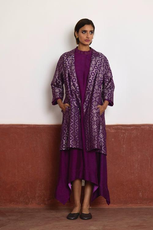 Asymmetrical Dress in Purple Silk with Purple Brocade Sally Jacket