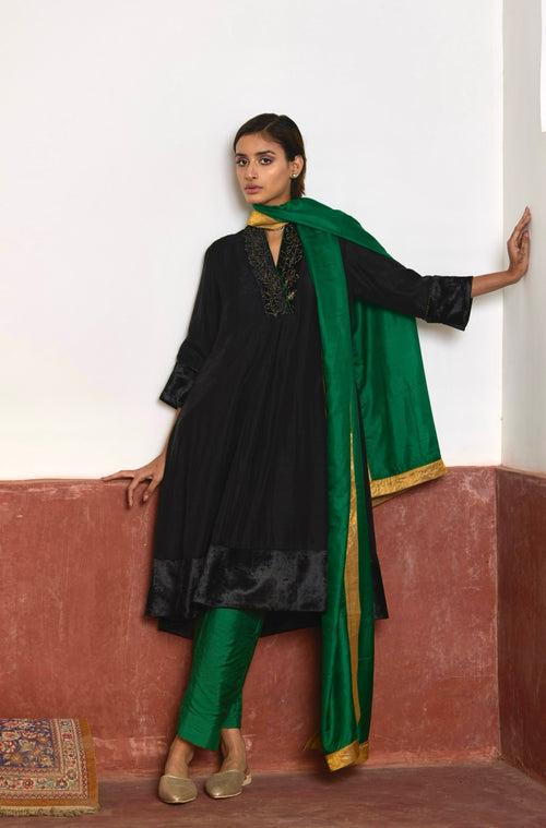 Silk Dupatta in Green with block printing