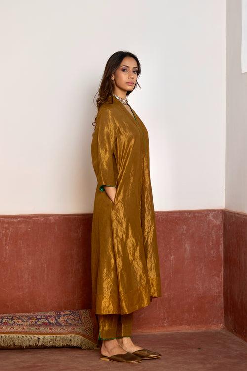 Long Sashiko Kurta in Gold Tissue with Gold Pant