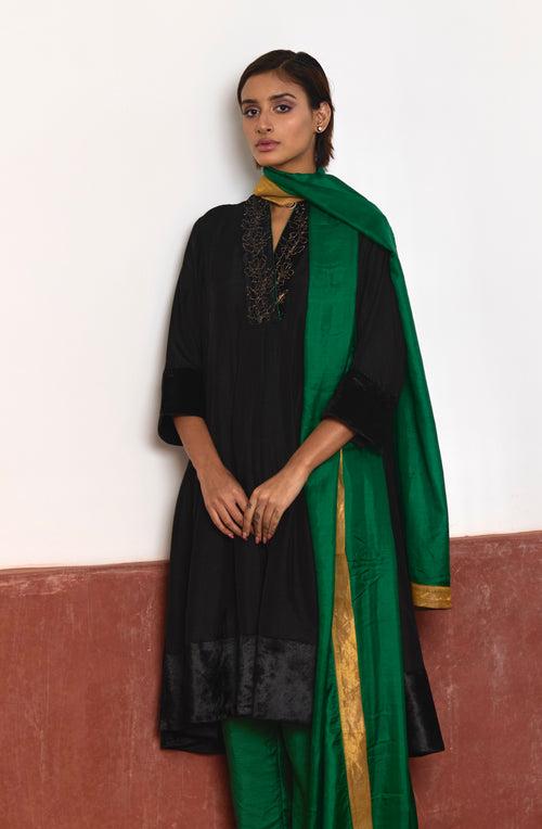 Silk Dupatta in Green with block printing