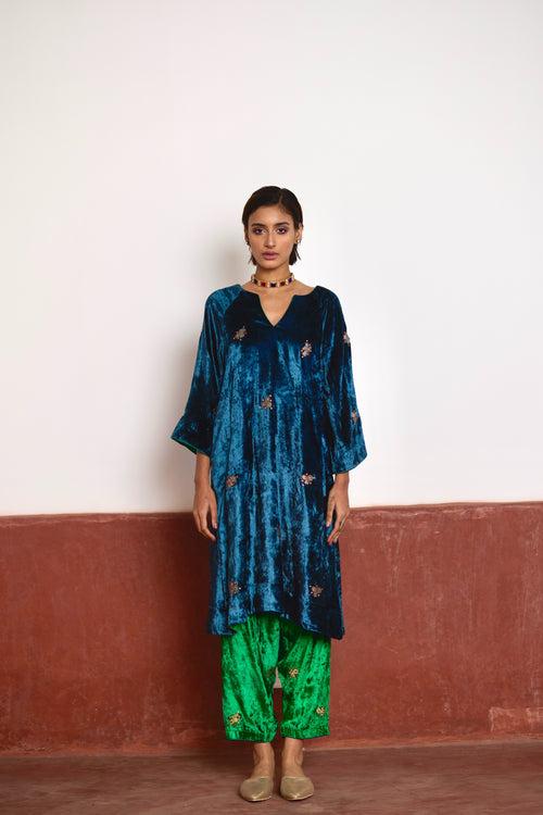 MD Kurta in Teal Velvet with Green Velvet Salwar