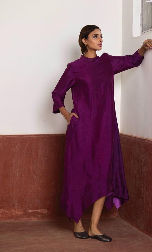 Asymmetrical Dress in Purple Silk with Purple Brocade Sally Jacket