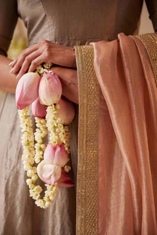 Tabu Anarkali in Smokey Grey Tissue with Tissue Pant