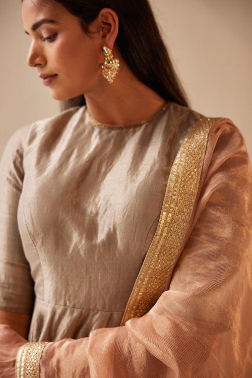 Tabu Anarkali in Smokey Grey Tissue with Tissue Pant