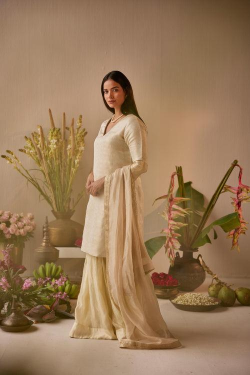 Anu Kurta in Ivory Brocade with Tissue Chanderi Sharara