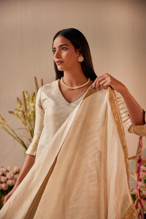 Dupatta in Ivory Tissue Chanderi Stripes