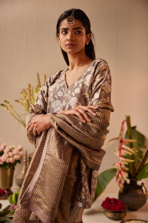 Dupatta in Grey Tissue Stripes