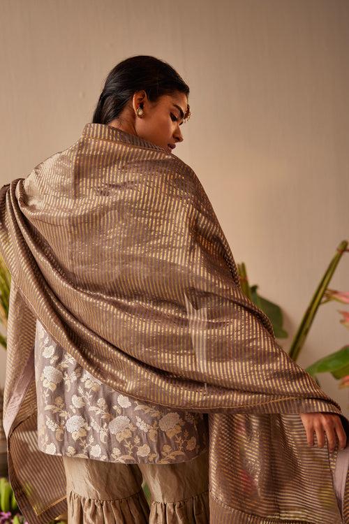 Dupatta in Grey Tissue Stripes