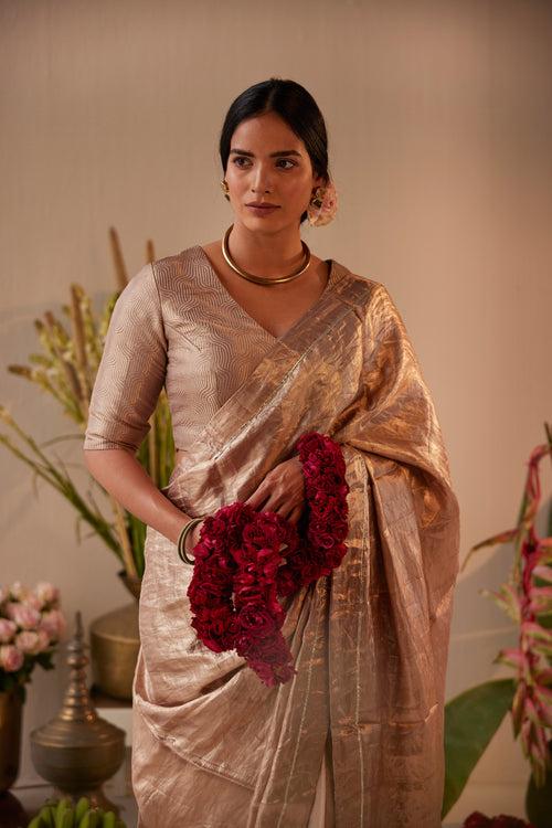 Saree in Dusty Pink & Silver Brocade Tissue