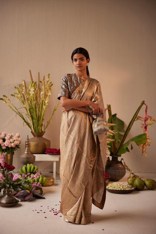 Saree in Grey & Gold Brocade Tissue