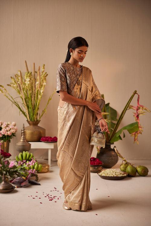 Saree in Grey & Gold Brocade Tissue