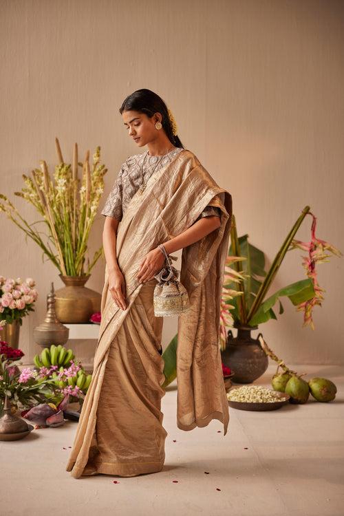 Saree in Grey & Gold Brocade Tissue