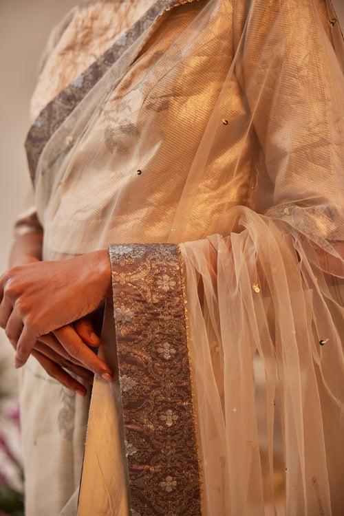 Shazia Saree in Ivory Net & Chanderi & Brocade Border