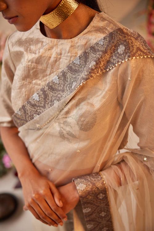 Shazia Saree in Ivory Net & Chanderi & Brocade Border