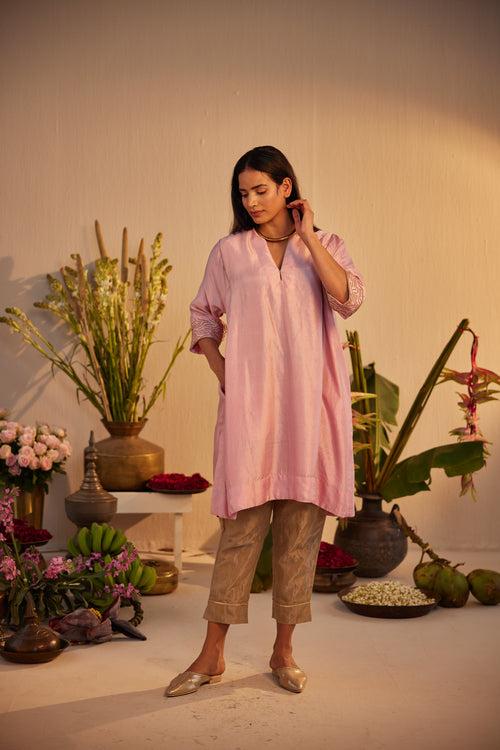 Jhabla Kurta in Rose Pink Silk with Tissue Pant