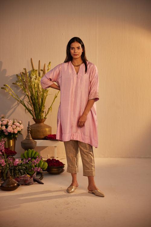 Jhabla Kurta in Rose Pink Silk with Tissue Pant