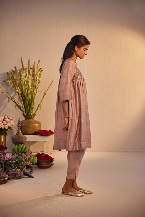 Empireline Kurta in Nude Silk with Chanderi Pant