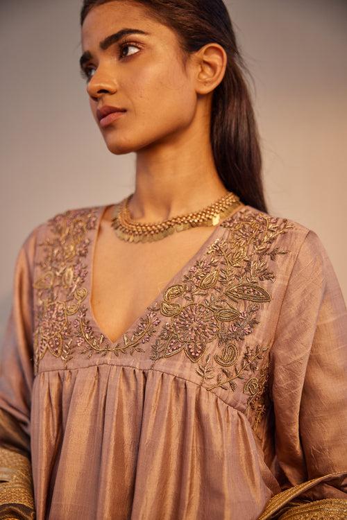 Empireline Kurta in Nude Silk with Chanderi Pant