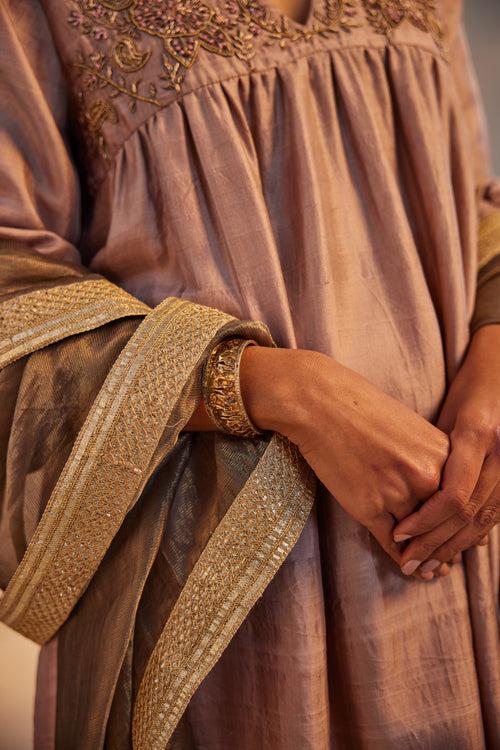 Empireline Kurta in Nude Silk with Chanderi Pant