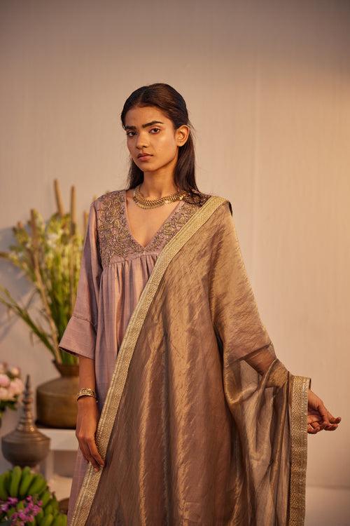 Empireline Kurta in Nude Silk with Chanderi Pant