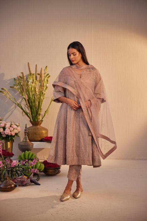 Choga Kurta in Nude Linen Tissue with Pant