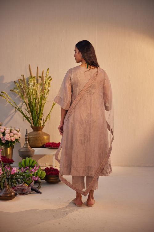 Choga Kurta in Nude Linen Tissue with Pant