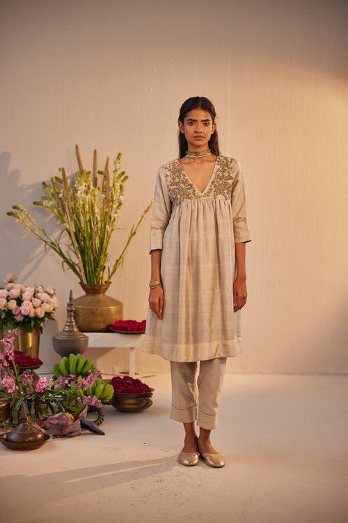 Empireline Kurta in Ivory Silk with Chanderi Pant