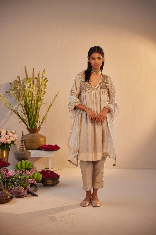 Empireline Kurta in Ivory Silk with Chanderi Pant