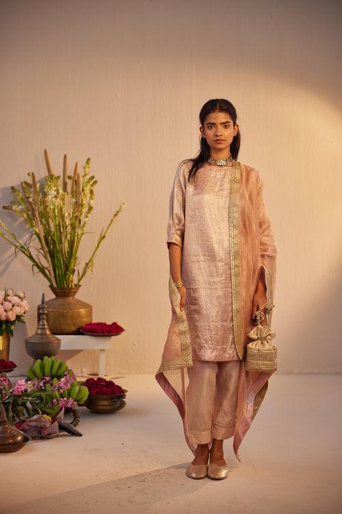 HK Kurta in Dusty Pink Brocade Tissue with Pant