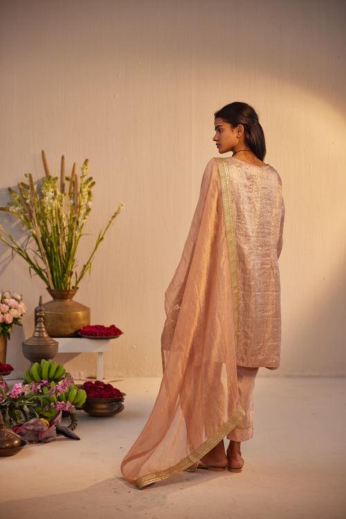 HK Kurta in Dusty Pink Brocade Tissue with Pant