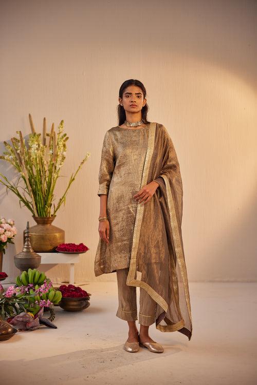 HK Kurta in Grey Brocade Tissue with  Pant