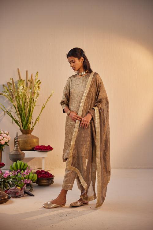 Dupatta in Grey Tissue Chanderi Stripes