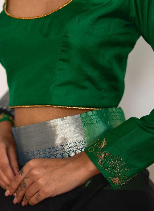 Deep U Neck Blouse in Green Silk