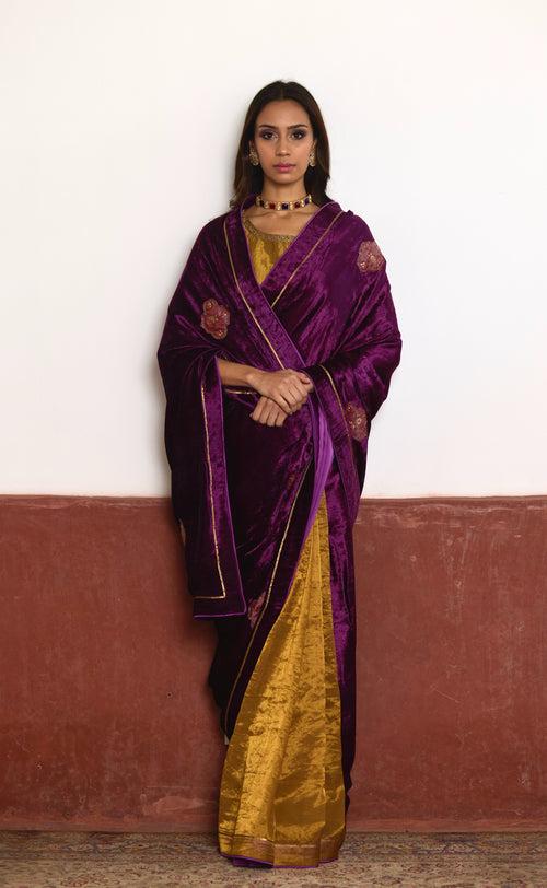 Saree in Purple Velvet and Tissue