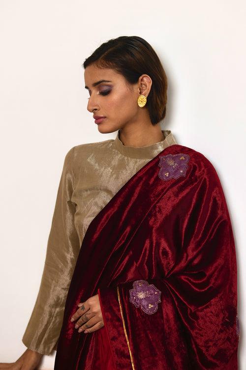 Saree in Red Velvet and Tissue