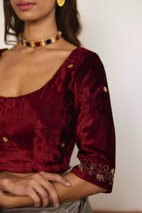 Deep U Neck Blouse in Red Velvet